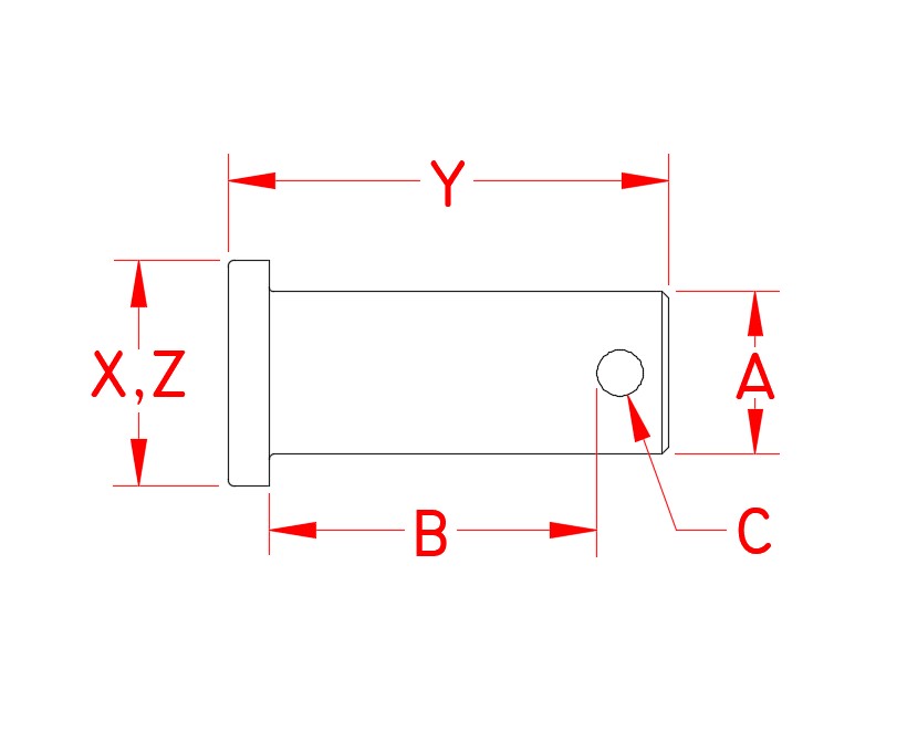 Stainless Steel Clevis Pin, P0116-RP0508, P0116-RP0510, P0116-RP0610, P0116-RP0813, P0116-RP1022, P0116-RP1222, P0116-RP1325, Line Drawing